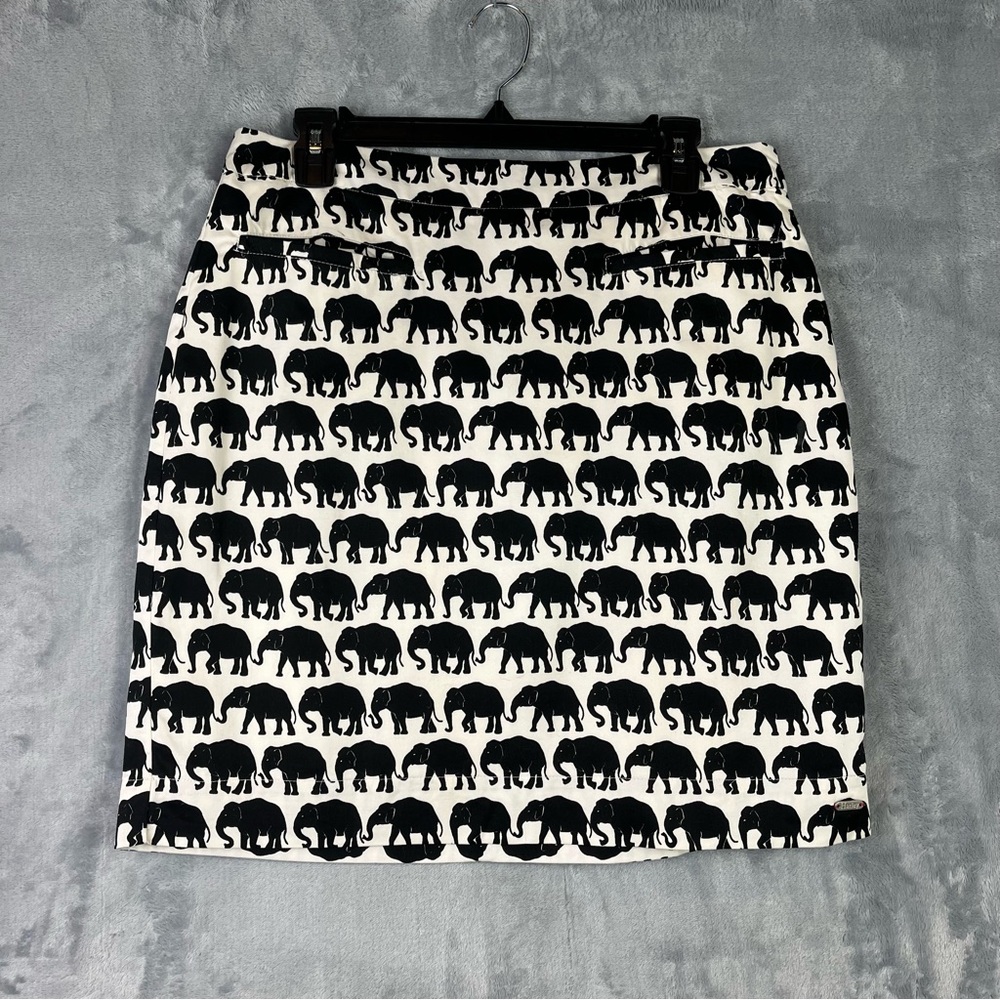 Hatley Sateen Elephant Pencil Skirt Sz 8 Black & White Pockets Lined Artsy Boho